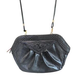Vintage 80s 90s Sylvia Black Embossed Snakeskin Clutch Shoulder Bag Art Deco